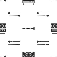 Set Home stereo with two speakers, Clarinet and Drum sticks on seamless pattern. Vector © Oksana