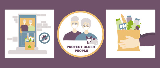  Contactless of Food delivery and protect older  people vector set. Coronavirus, covid-19  concept. Elderly couple at the door is going to pick up the delivered food.