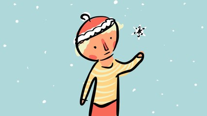 Fototapeta na wymiar Child wearing hat Looking at falling snowflake in winter