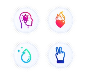 Heart flame, Idea head and Water drop icons simple set. Button with halftone dots. Victory hand sign. Love fire, Lightbulb, Crystal aqua. Gesture palm. Business set. Vector