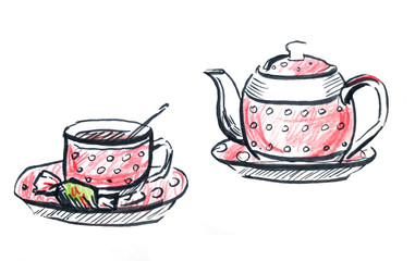 Red and white teapot with a cup with a pattern of white polka dots. Cup and saucer and candy.