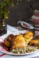 Baked chicken with apples, served with sprouted seeds and sauce.