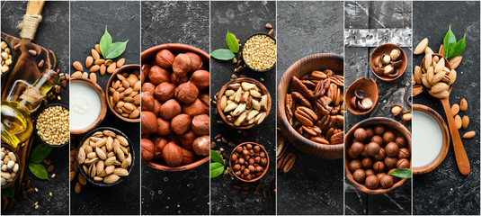 Photo of collage of nuts on black background. Food banner.