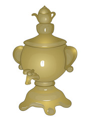 Realistic drawing of a Golden samovar. Russian, traditional samovar, drinking utensils, isolated, white, vector