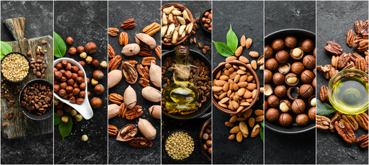 Photo of collage of nuts on black background. Food banner.