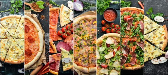 Photo collage of delicious pizza. Set of pizza with cheese, salami, bacon and vegetables. Food banner.