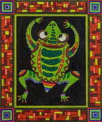 Acrylic painting on canvas. Stylized frog. Dot to dot. 