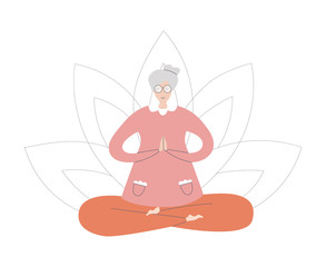 Flat vector illustration Senior Yoga. Lovely elderly woman meditating in the Lotus position. Active lifestyle for retired people. Meditation and yoga practise for seniors. Yogi with the Lotus flower.