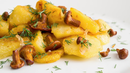 wild mushrooms and fried potato sprinkled with dill 