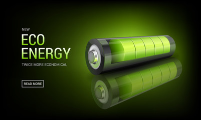 Banner with Realistic 3d green battery, environmental alternative energy. charging status indicator