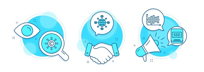 Diagram chart, Ssd and Logistics network line icons set. Handshake deal, research and promotion complex icons. Copywriting network sign. Presentation graph, Memory disk, International tracking. Vector
