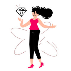 Vector creative illustration of happy woman with diamond on white background. Young positive emotion girl in casual clothes with gemstone.