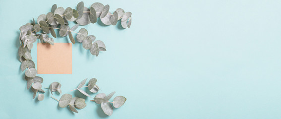 eucalyptus leaves and craft card  on blue paper background