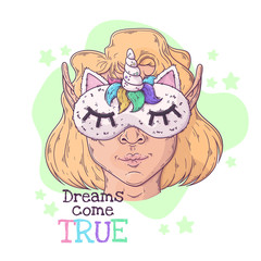 Hand drawn illustration of the girl in a night mask with a horn Vector.