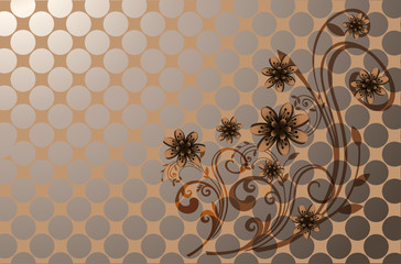 Floral ornament - large flowers with curved stems and leaves on a beige background with a geometric pattern of circles.