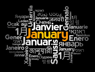 January in different languages of the world, word cloud concept background