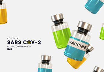 Vaccine by Virus Covid 19-NCP. Novel Coronavirus (2019-nCoV) denoted is single-stranded RNA virus. Realistic 3d glass ampoules with medicine. SARS-CoV2. vector illustration.