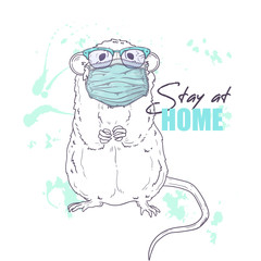 Hand drawn illustration of the cute rat in a medical mask Vector.
