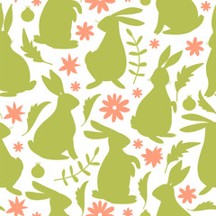 Easter seamless pattern with bunnies silhouette, flowers and leaves. Texture for textile, postcard, wrapping paper, packaging etc. Vector illustration.