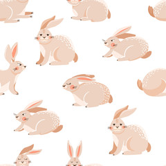 Easter seamless pattern with cute various bunnies. Texture for textile, postcard, wrapping paper, packaging etc. Vector illustration on white background.