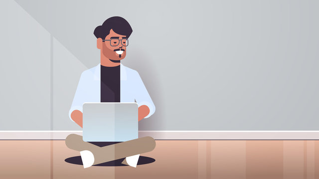 Indian Man Sitting Lotus Pose Using Laptop Guy Working From Home Freelance Concept Modern Room Interior Horizontal Full Length Vector Illustration