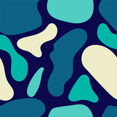 Abstract liquid shapes seamless repeat vector pattern.Hand drawn various shapes. Contemporary modern trendy vector illustrations.Green,yellow and blue liquid shapes on dark background.