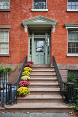 a brownstone building in a historic neighborhood of New York City - obrazy, fototapety, plakaty