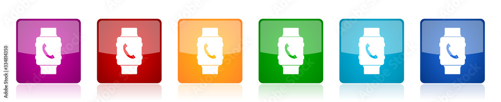 Poster Smartwatch icon set, phone call colorful square glossy vector illustrations in 6 options for web design and mobile applications