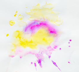 Abstract vivid pink yellow watercolor background, design element with paper texture. Blot, painted spot