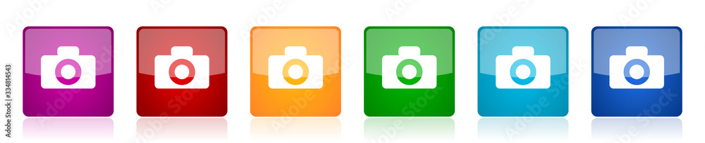 Poster Camera icon set, colorful square glossy vector illustrations in 6 options for web design and mobile applications