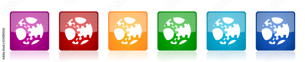 Poster gear icon set, colorful square glossy vector illustrations in 6 options for web design and mobile ap