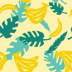 Seamless banana vector pattern with leaves. Hand drawn tropical yellow and green art for wallpaper textile fabric designs. Cute vector illustrations in offset pring style.