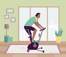 Man riding stationary bike stay at home vector