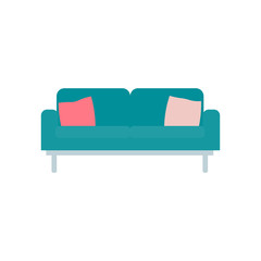 Pastel green color sofa with cushions on it flat vector illustration isolated on a white background.