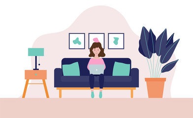 Woman sitting on a sofa with laptop flat vector illustration isolated on a white background.Studying or freelance concept.Girl working from home.Stay at home concept.