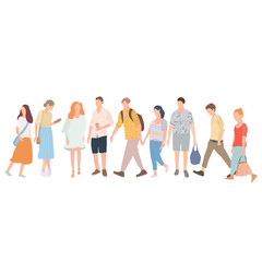 Walking young people. Men and women in colorful clothes in different poses stand and go about their business. Vector illustration