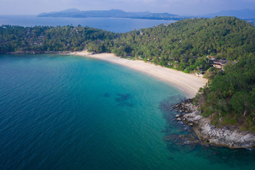 Aerial drone view of tropical empty Surin Beach in Phuket, Thailand