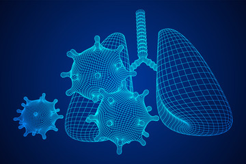 Corona Virus and Lungs with trachea bronchi internal organ human. Covid virus pulmonology medicine science concept. Wireframe low poly mesh vector illustration.