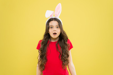 Are you ready to celebrate. Kid on Easter egg hunt. teen kid in rabbit costume having fun. happy easter. small girl wearing bunny ears. surprised child in costume. Easter bunny rabbit with ears