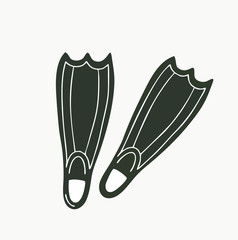 Monochrome, black and white diving flippers, fin. Drawn in flat style illustration. 