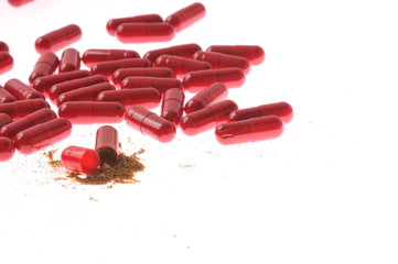 Red pills pour out of the can. Close-up. Coronavirus. Saving lives. Healthy lifestyle. Coronavirus....