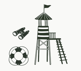 Monochrome black and white rescue tower with stairs, circle and binoculars. 