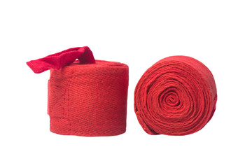 two red bandages to protect hands from injuries in martial arts, isolated on a white background
