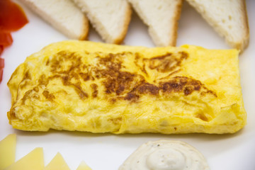 Amazing breakfast with tasty omelet, tomatoes, cheese, bread and sauce on the white plate. Delicious omelet made like rolle, other ingredients. Tasty and diet food. Healthy meal for breakfast or lunch