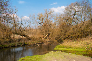 Creek, , rural landscape. Cloudy sky. Spring, nature is awakening
