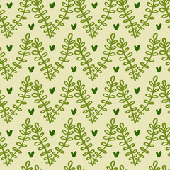 Floral seamless pattern. Ornament with green twigs. wallpaper design with a natural motif and hearts in green colors.
