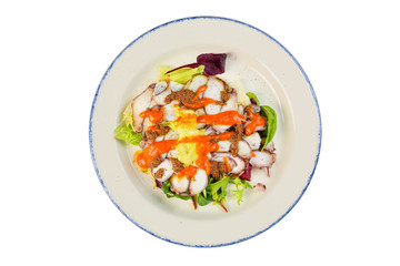 With seafood salad in plate on white isolated background