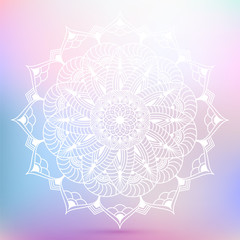 Hand drawn mandala with floral elements on pastel multi color gradient background. Vintage mosaic for design card, invitation, henna, fabric, textile. Ethnic, islam, arabic, indian, ottoman motif