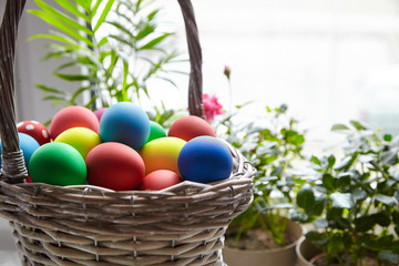 Easter Day, basket with colorful Easter Eggs