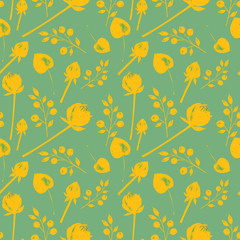 green seamless background with yellow flowers and buds